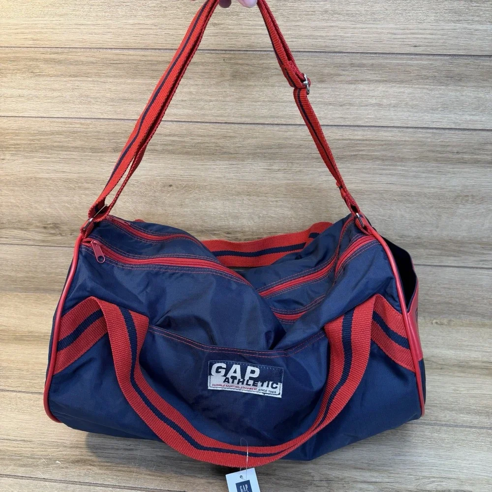 GAP Athletic Nylon Gym Duffle Bag Navy Blue Red Striped Retro 90s Style Travel